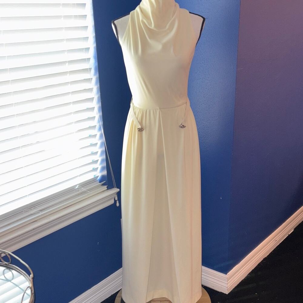 1970’s Vintage Hostess Dress – Cream with Gold & Rhinestone Belt